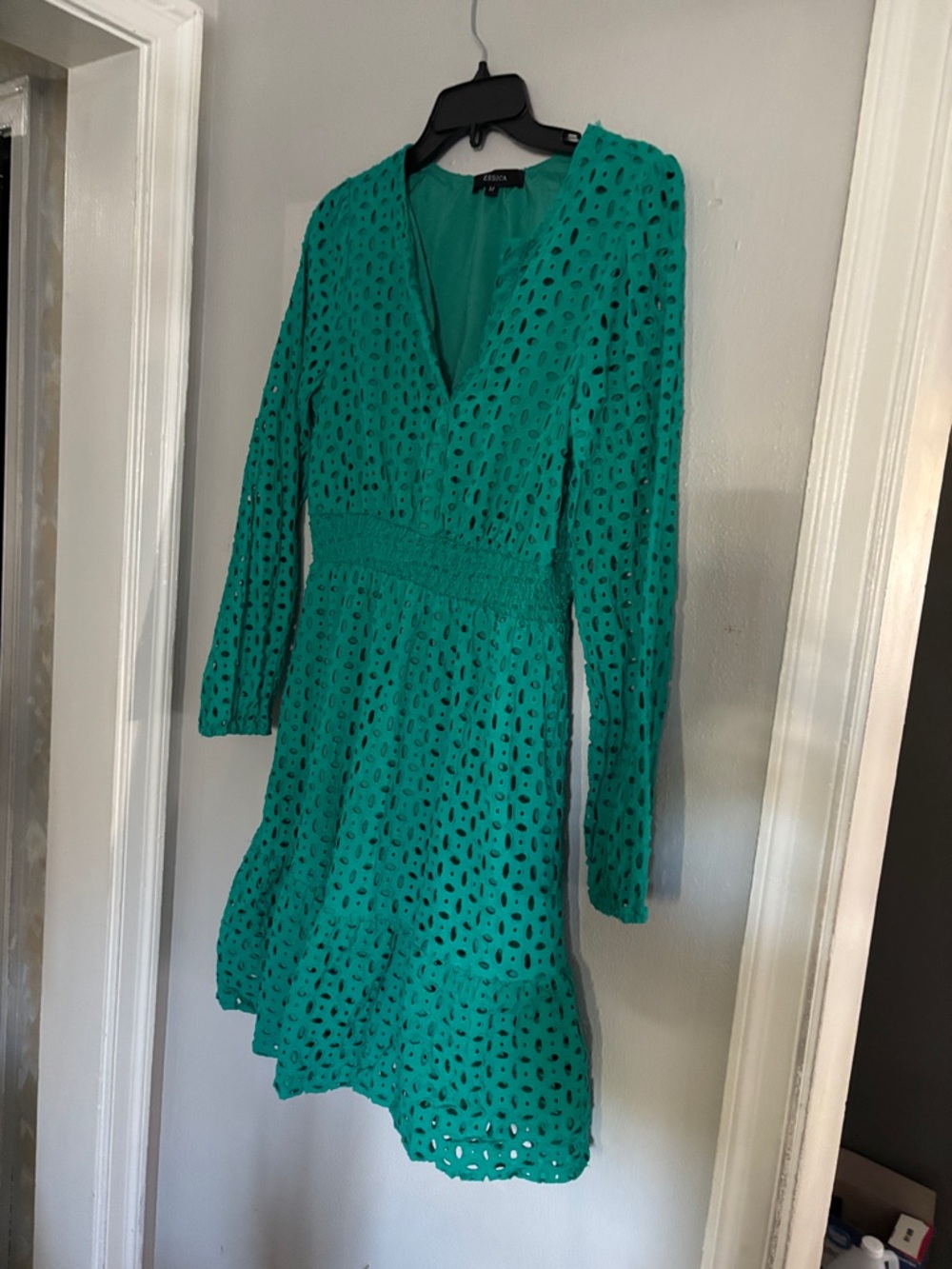 FRENCH CONNECTION Teal Eyelet Long-Sleeve V-Neck Dress